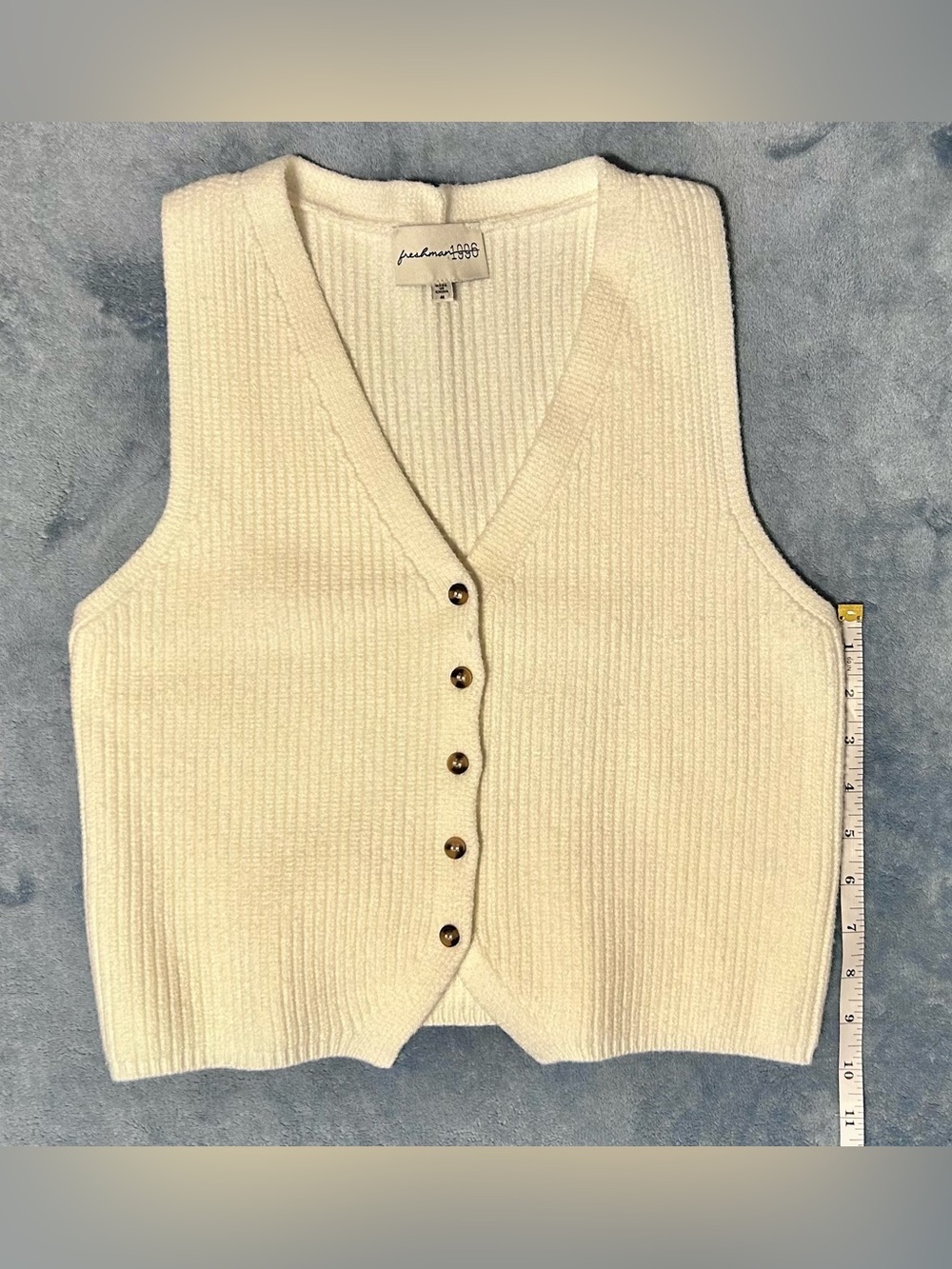 Freshman Cream Ribbed V-Neck Button Vest